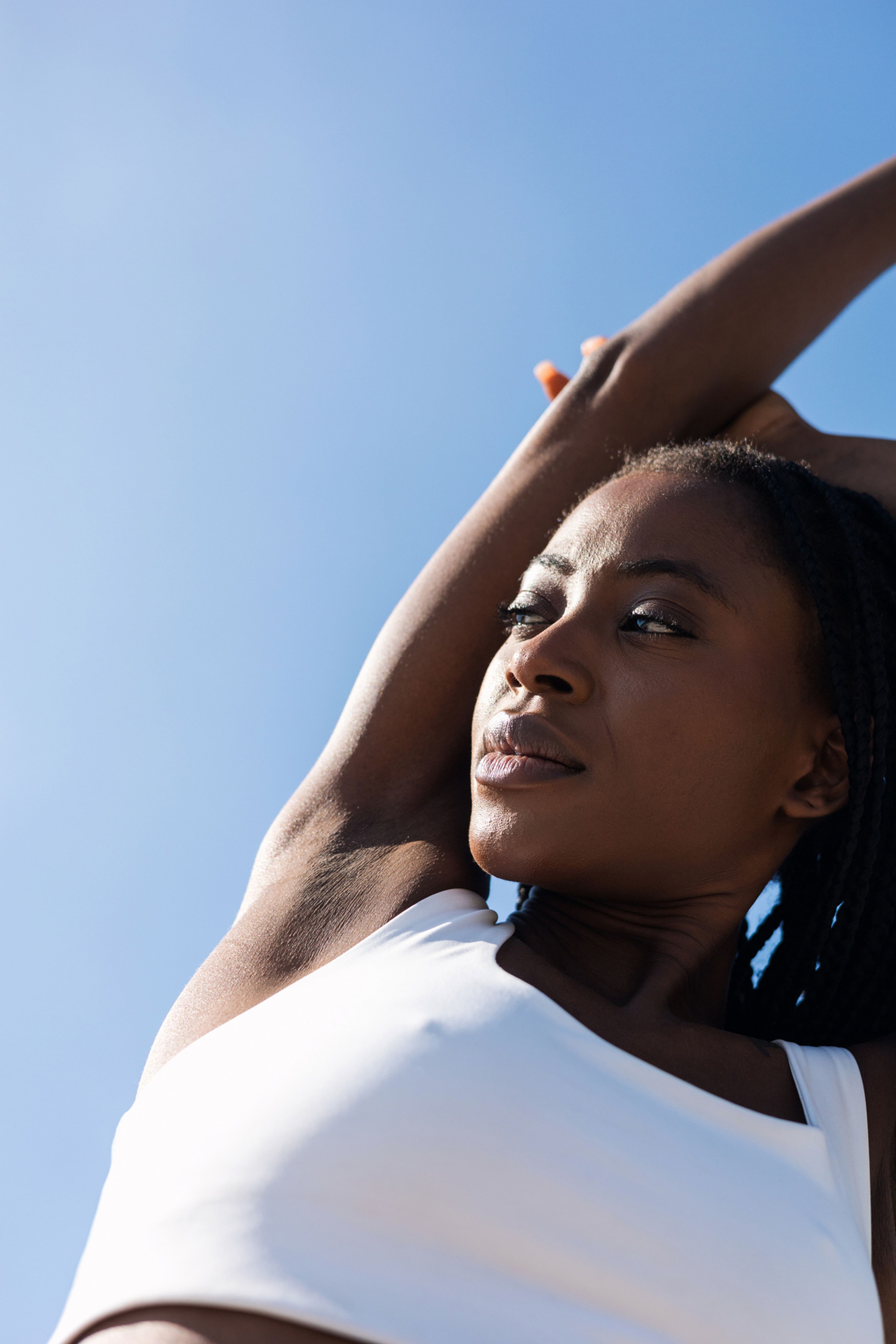 Woman smiling and stretching
